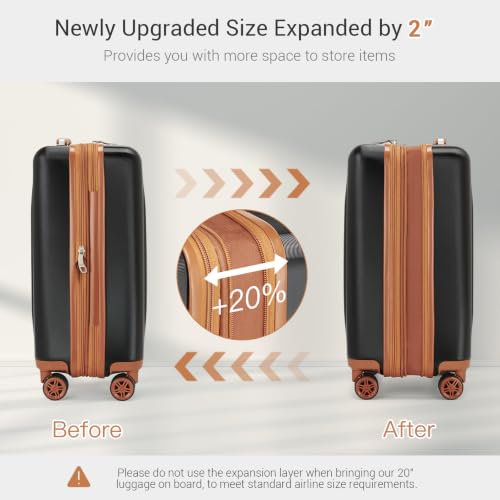 Kono Carry On Luggage Sets 2 Piece, 20 Inch Expandable Hardshell Suitcase - color: Black&Brown, size: 2 Piece Set (20")