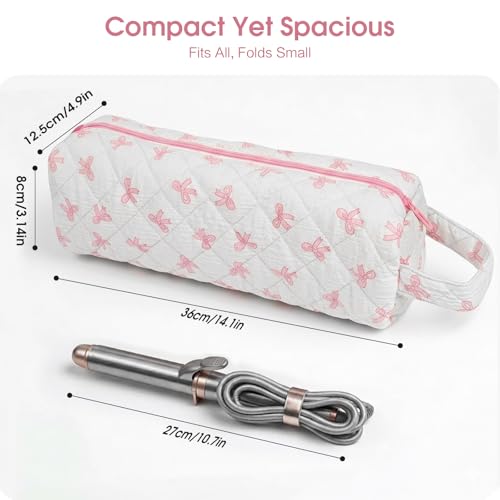 Quilted Hair Tools Travel Bag Compatible with Dyson Airwrap Shark FlexStyle - color: Pink Bow