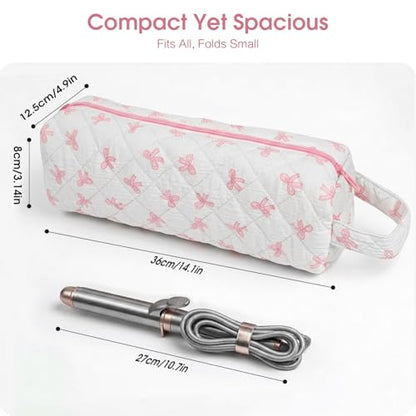 Quilted Hair Tools Travel Bag Compatible with Dyson Airwrap Shark FlexStyle - color: Pink Bow