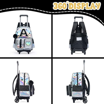 HTgroce Cute Rolling Backpack with Wheel,School Backpack for Kids Girl Roller Schoolbag Wheeled Backpacks Set Carry-on Luggage,Initial A - color: Silver, style: A