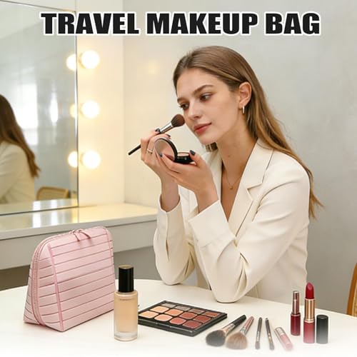 Parallel Travel Makeup Bag for Women,Foldable Toiletry Bags Parallel,Waterproof Organizer Bags with Compartments for Skincare, Toiletries,Pink - color: Pink