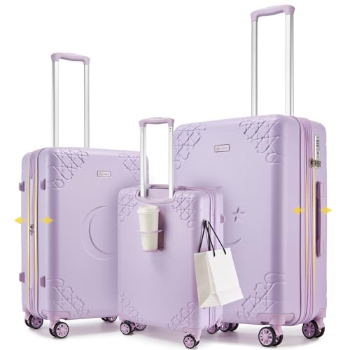 Somago 3 Piece Expandable Luggage Set with Brake Wheels & Cup Holder, 20/24/28 Inch Hardside Spinner Suitcase Set with TSA Lock, Star Moon Pattern Travel Collection for Family Vacation,Light Purple - color: Light Purple, size: 3 PCS Set (20in/24in/28in)