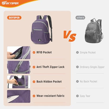 SKYSPER Anti Theft Hiking Backpack, 18L RFID Packable Travel Daypack, Lightweight Foldable Back Pack for Walking Daytrip - color: Purple, size: Small