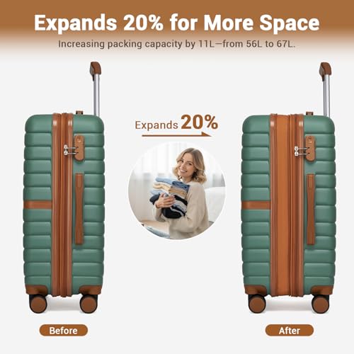 Kono Expandable 24 Inch Luggage with Spinner Wheels, Medium Checked Luggage with Lock, Lightweight & Anti-Scratch PC+ABS Hardshell Travel Suitcase, Green/Brown - color: Green/Brown, size: Checked-medium 24-inch