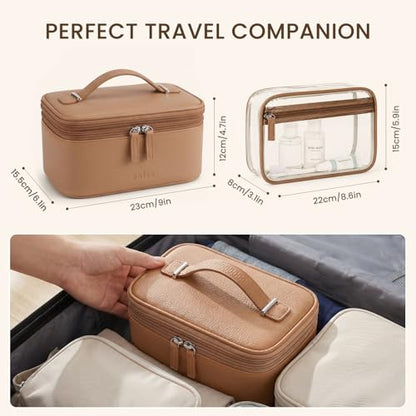 Prite 2 Pcs Makeup Bag Set Travel Cosmetic Case with Clear Toiletry Bag - color: Brown