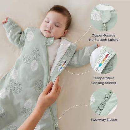 KaiyaBaby Organic Cotton Baby Sleep Sack, Long Sleeve 1.0 TOG, 6-18M - color: Monstera, size: 6-18M