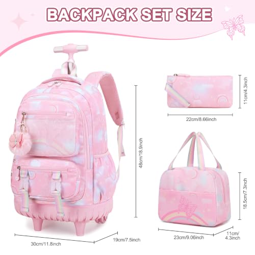 3PCS Rainbow Butterfly Rolling Backpack for Girls with Lunch Box (Pink) - color: Pink