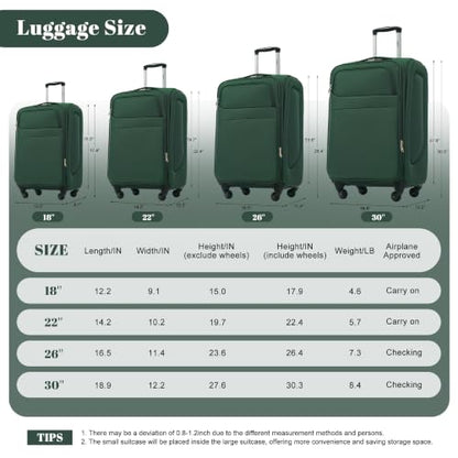 Merax 4-Piece Expandable Luggage Set,Softside Suitcase,Dark Green - color: Dark Green+18IN, style: Softside Luggage(22/26/30)