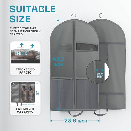 Lazebox 43" Travel Garment Bag with Accessories Zipper Pocket, Heavy Duty Suit Bag for Suits, Tuxedos, Dresses, Coats, Grey, 1 pack - size: 43inch-1 pack-Gray