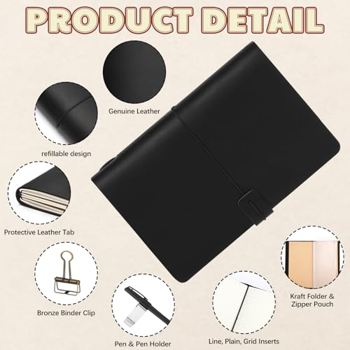 Traveling Refillable Leather Journal Notebook, Black, A5 Size - color: Black, size: A5 Size