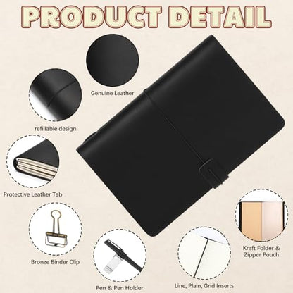 Traveling Refillable Leather Journal Notebook, Black, A5 Size - color: Black, size: A5 Size