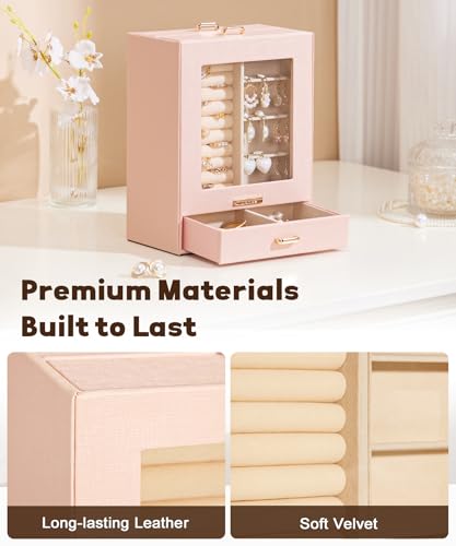 Homde Display Jewelry Box for Girls: Starter Organizer with Clear Window - color: Peach Pink + Gold