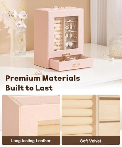Homde Display Jewelry Box for Girls: Starter Organizer with Clear Window - color: Peach Pink + Gold