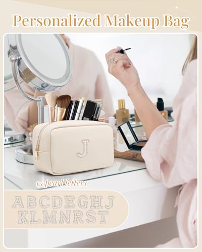 VLANDO Makeup Travel Case with Pearl Monogram Patch,Beige j - color: 03-White-J