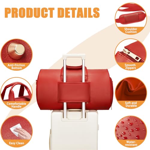 PU Leather Garment Bag, Convertible Garment Duffel Bag for Travel Mens Suit Bag 2 in 4 Waterproof Foldable Carry on Garment Bag with Shoulder Strap Weekender Bag with Shoe Pouch - color: PU-Red