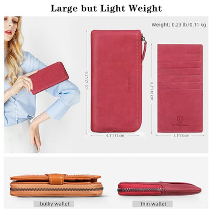 VISOUL Long Zipper Cash Wallet for Women with Removable Credit Card Holder, Soft Genuine Leather Clutch Wallet-Light Red - color: Light Red