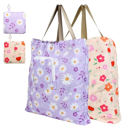 Foldable Travel Laundry Bag with Handle and Drawstring, 2 Pack Expandable Dirty Clothes Bags with Aluminum Carabiner and Zipper, Lightweight Laundry Hamper Liner for Travel, Camp, 20*19 inch - color: Flower