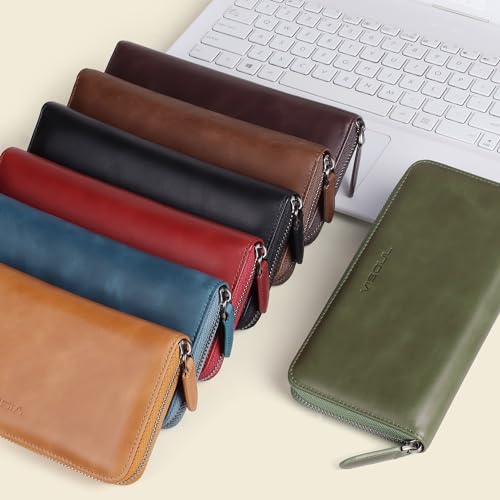 VISOUL Leather Long Zipper Pouch Wallet for Men and Women with RFID Blocking, Large Clutch Cash Long Wallet with Zipper (Brown) - color: Brown