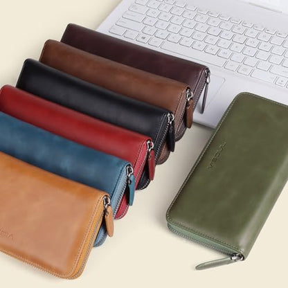 VISOUL Leather Long Zipper Pouch Wallet for Men and Women with RFID Blocking, Large Clutch Cash Long Wallet with Zipper (Brown) - color: Brown