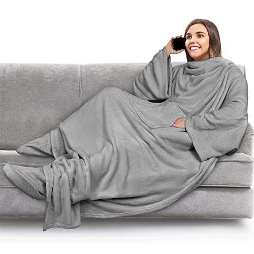PAVILIA Fleece Blanket with Sleeves, Foot Pockets for Women Men, Light Gray - color: Light Gray, size: Fleece