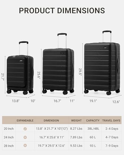 TAKUMI Suitcases with Wheels, Expandable Carry on Luggage, 3 Piece Set - color: Black, size: 20/24/28 Inch - 3-Piece Set