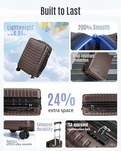 LIGHT FLIGHT Expandable 20" Carry On Luggage 22x14x9, TSA Lock, Brown - color: Brown