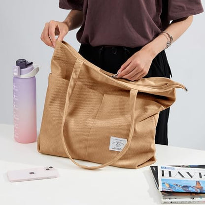 KALIDI Women Corduroy Tote Bag Zipper Casual Tote's Handbag Big Capacity Shoulder Bag with Pockets - color: D-brown