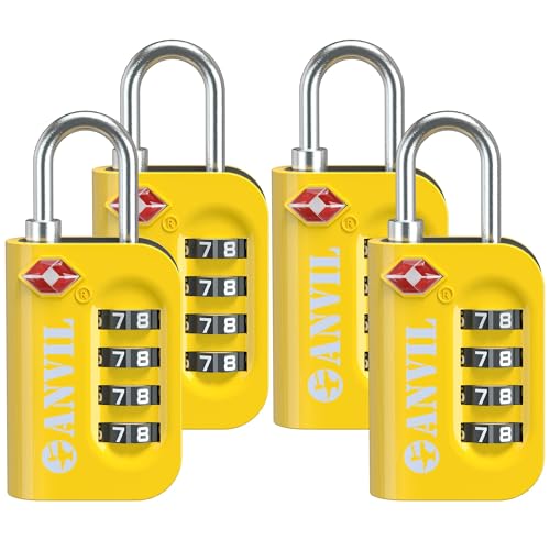 ANVIL TSA Approved Luggage Lock - 4 Digit Combination, 10,000 Combinations, Easy-Read Password Window, Travel Lock for Suitcases, Backpacks, Gym & Student Lockers, Baggage - color: YELLOW 4 PACK