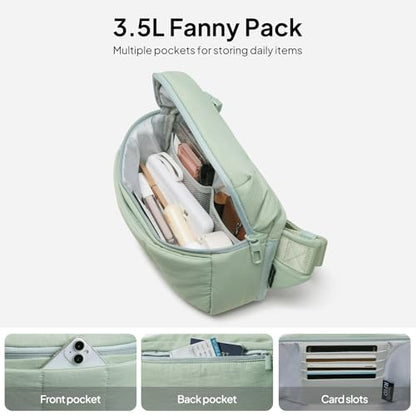 TOPEAST Waist Pack 3.5L Fanny Packs with Water Bottle Holder, Large Capacity Travel Belt Purse Anti-Theft RFID Blocking, Sage Fluffy Crossbody Sling Bag for Hiking Walking - color: Sage