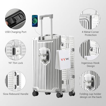 YYW All Aluminium Luggage With Spinner Wheels Lightweight PC hardside Rolling Suitcase, Built-In TSA lock Carry on Suitcase, with Cup Holder, USB Port, Phone Holder (Silver,20inch/35x23x55cm) - color: Silver, size: 20inch/35x23x55cm