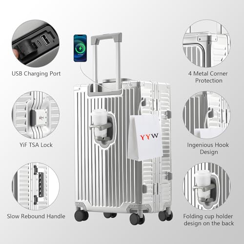 YYW All Aluminium Luggage With Spinner Wheels Lightweight PC hardside Rolling Suitcase, Built-In TSA lock Carry on Suitcase, with Cup Holder, USB Port, Phone Holder (Silver,24inch/39x25x65cm) - color: Silver, size: 24inch/39x25x65cm