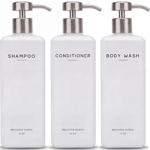 White Shampoo and Conditioner Dispenser Set by Brighter Barns - 16oz Shower Dispenser - Refillable Plastic Shampoo Bottles & Stainless Steel Pump - Shampoo Dispenser for Bathroom, Hotel, Gifts (White) - color: White