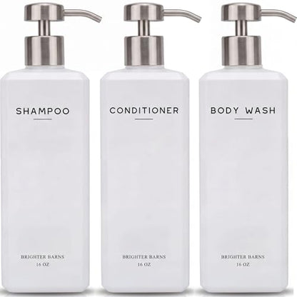 White Shampoo and Conditioner Dispenser Set by Brighter Barns - 16oz Shower Dispenser - Refillable Plastic Shampoo Bottles & Stainless Steel Pump - Shampoo Dispenser for Bathroom, Hotel, Gifts (White) - color: White