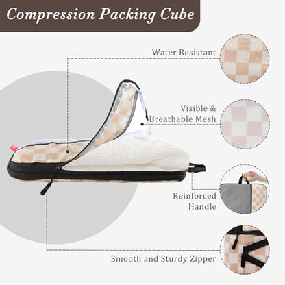 U+U 10 Set Compression Packing Cubes, Travel Organizers (Khaki Checkered) - color: Khaki Checkered, size: 10 Set