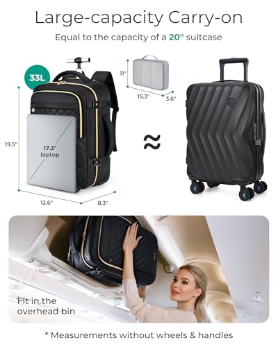 BAGSMART Rolling Backpack for Women, Wheeled Backpack with Packing Cube, Travel Back pack with Wheels, Carry On Suitcase Bag 17 Inch Large Roller Daypack, Champagne - color: Champagne