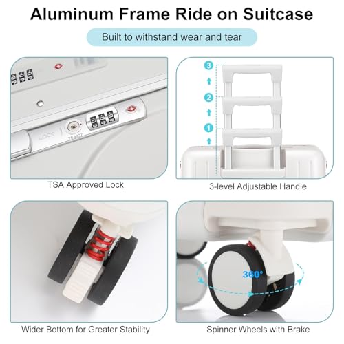 20" Kids Ride on Suitcase with Seat Aluminum Frame, White - color: White