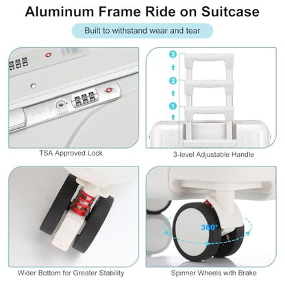 20" Kids Ride on Suitcase with Seat Aluminum Frame, White - color: White