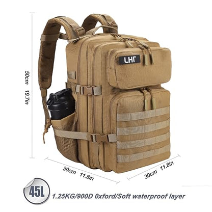 LHI Military Tactical Backpack for Men and Women 45L Army 3 Days Assault Pack Bag Large Rucksack with Molle System Tan - color: Tan