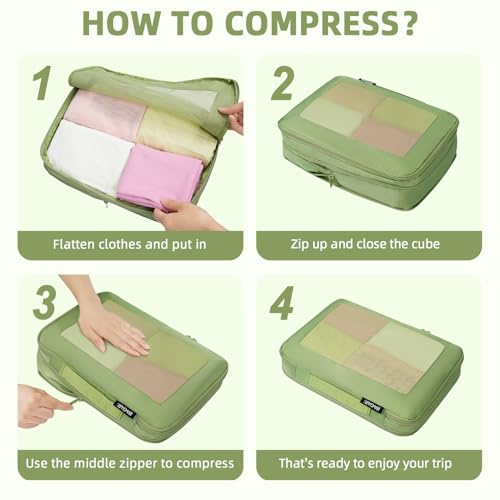 BAGAIL 4 Set/6 Set/8 Set Compression Packing Cubes Travel Accessories Expandable Packing Organizers (Square Mesh, 06-Matcha Green) - color: 06-Matcha Green, style: Square Mesh