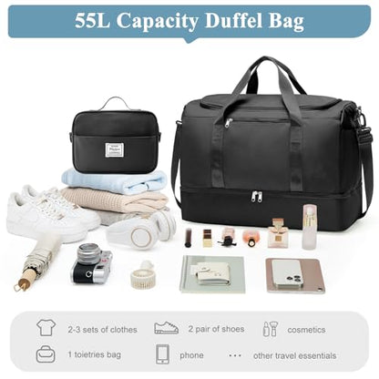 Travel Duffle Bag with Shoe Compartment, XL Weekender Bags for Women - color: B-Black with Toiletry Bag, size: Extra Large