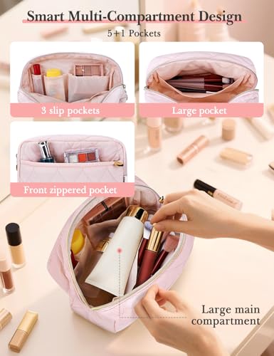 Noozion Makeup Bag Travel Toiletry Bag, Puffy Padded Cosmetic Bag for Women, Makeup Organizer Case, Wide-open Pouch Purse, Travel Essentials - color: Darkpink