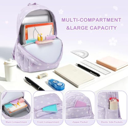 Quilted Backpack for Girls with Lunch Box Pencil Case - color: Purple Flowers