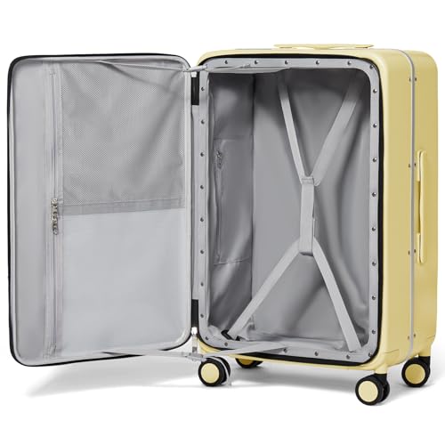 mixi 26 Inch Large Checked Luggage PC Hard Shell Suitcase Top Opening Aluminum Frame Travel Suitcases with Wheels, Lark Yellow - color: Lark Yellow, size: 26-inch