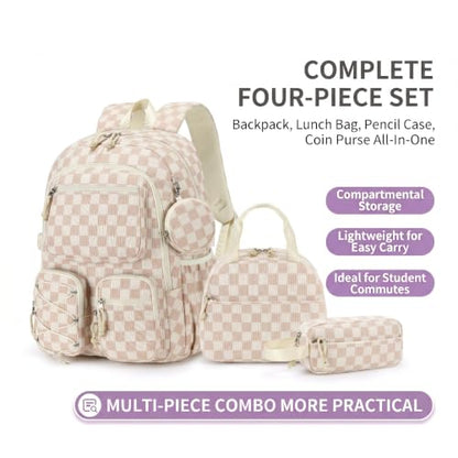 PiPiCat Backpack for Girls 4 in 1 Back to School Bookbag - color: K2 Checkered Beige