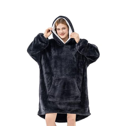 Berkshire Blanket Oversized Wearable Blanket Hoodie – SpaLoft Plush with Hood, Sleeves & Pocket - color: Black