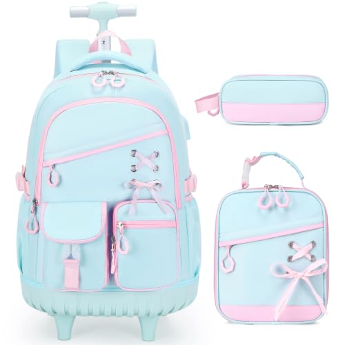 DIGOBAY Rolling Backpack for Girls with Lunch Bag & Pencil Case - color: Quamarine-pink