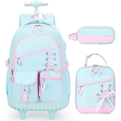 DIGOBAY Rolling Backpack for Girls with Lunch Bag & Pencil Case - color: Quamarine-pink