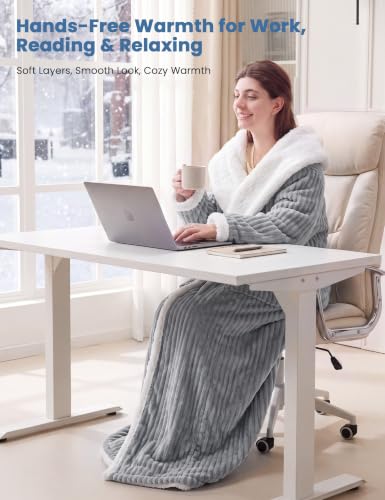 Wearable Heated Blanket with Foot Pocket, 50x70+18, Light Grey Striped, ETL - color: Striped Gray, size: 50x70"