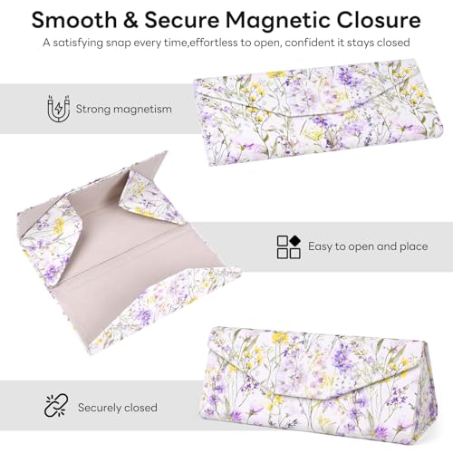 Sunglasses Case, Foldable Glasses Case, Magnetic PU Leather Hard Shell Folding Eyeglass Holder Box - color: Purple Flowers