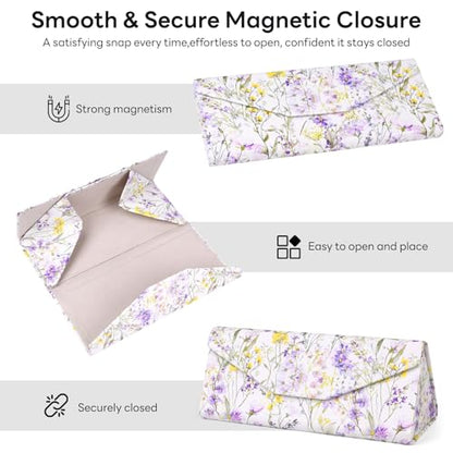 Sunglasses Case, Foldable Glasses Case, Magnetic PU Leather Hard Shell Folding Eyeglass Holder Box - color: Purple Flowers